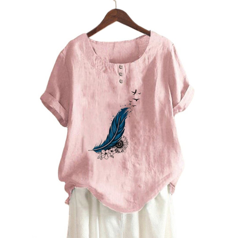 new cotton and linen women's floral feather print decorative button loose casual round neck short sleeve t-shirt - Image 5