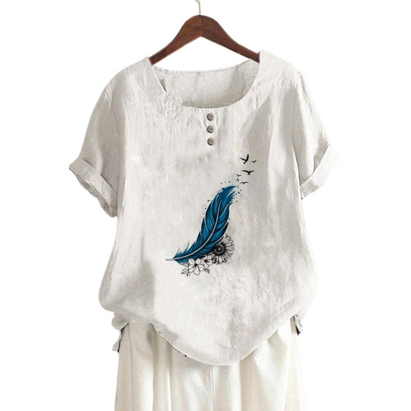 new cotton and linen women's floral feather print decorative button loose casual round neck short sleeve t-shirt - Image 3
