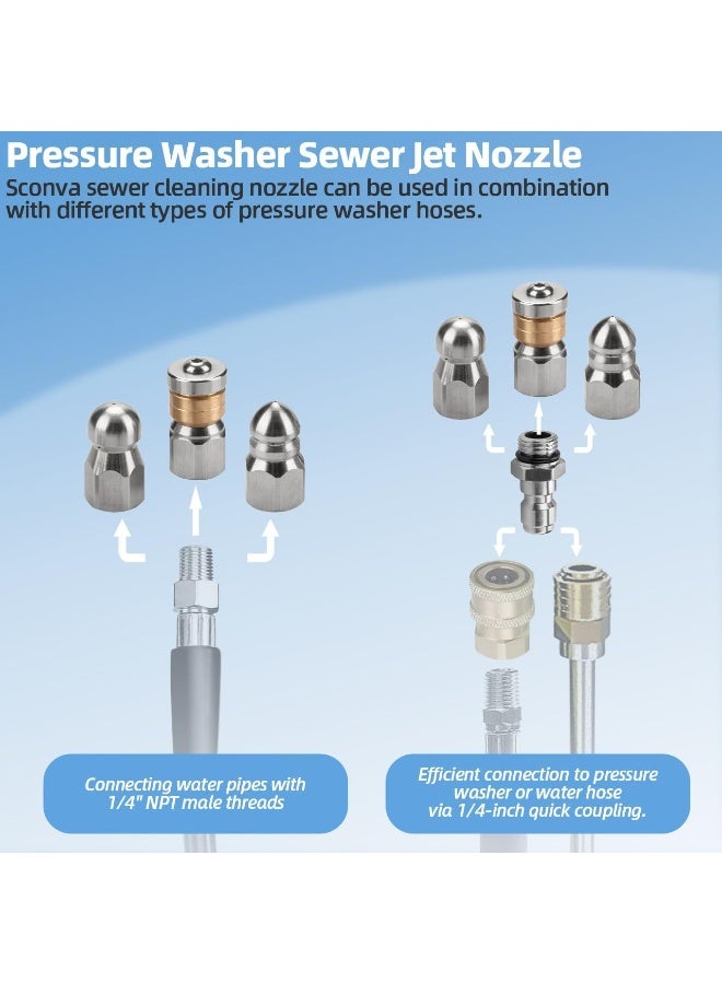 Sconva Sewer Jetter Nozzle, 3 Pieces Sewer Cleaning Nozzle Tips For Pressure Washer Drain Jetting Hose, Rotating Button Nose With 1/4'' Quick Connect With Pressure Up To 5000 Psi  - Image 3