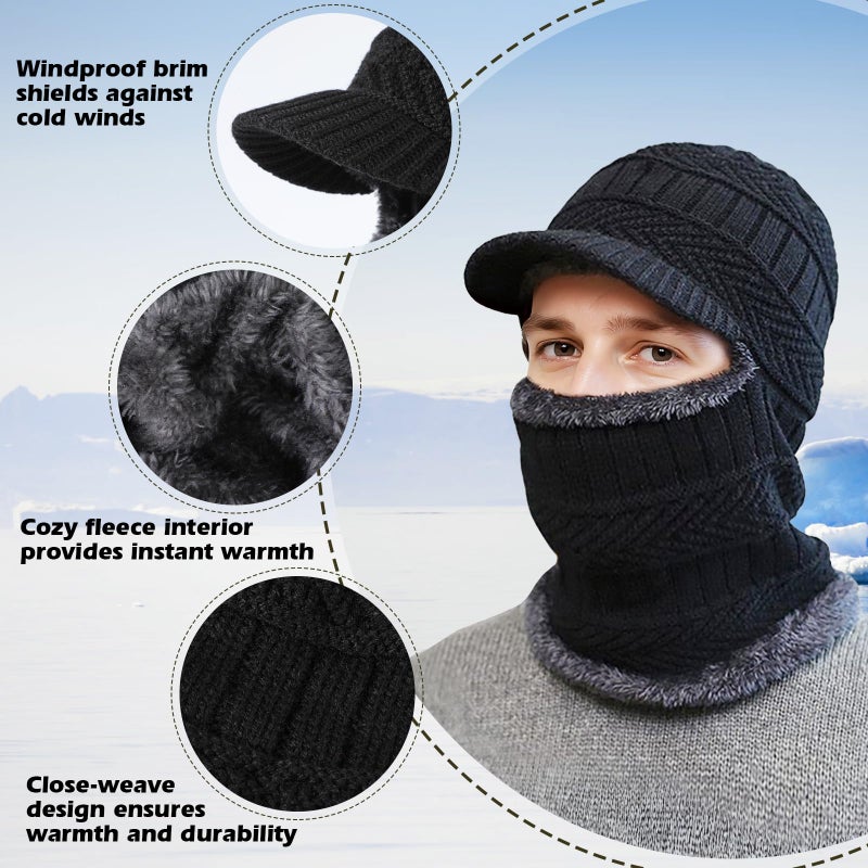 TAGVO Winter Unisex Knitted Balaclava Face Mask Cover Thick Warm Fleece Lining Beanies Hat Elastic Neck Warmer, Windproof Thermal Skiing Mask for Adults Outdoor Sports A-Black - Image 3