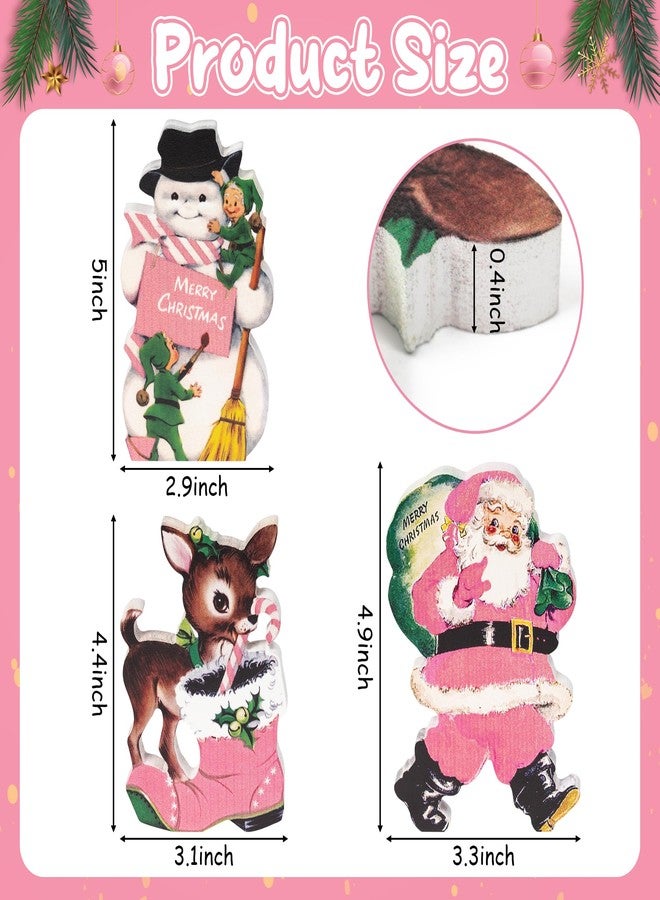 BkeeCten 3pcs Vintage Pink Christmas Theme Wooden Table Topper Centerpiece Decoration Signs, Victorian Style Santa Claus Elk Snowman Tired Ttay Tabletop Sign Decor for Christmas Party Supplies - Image 3