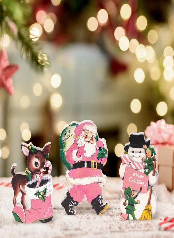 BkeeCten 3pcs Vintage Pink Christmas Theme Wooden Table Topper Centerpiece Decoration Signs, Victorian Style Santa Claus Elk Snowman Tired Ttay Tabletop Sign Decor for Christmas Party Supplies - Image 5