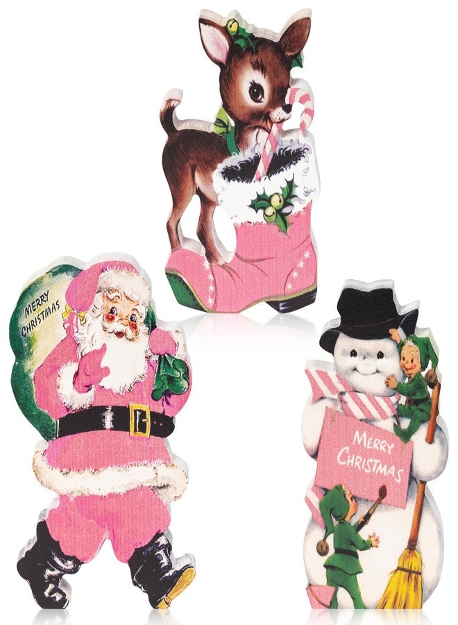 BkeeCten 3pcs Vintage Pink Christmas Theme Wooden Table Topper Centerpiece Decoration Signs, Victorian Style Santa Claus Elk Snowman Tired Ttay Tabletop Sign Decor for Christmas Party Supplies - Image 2