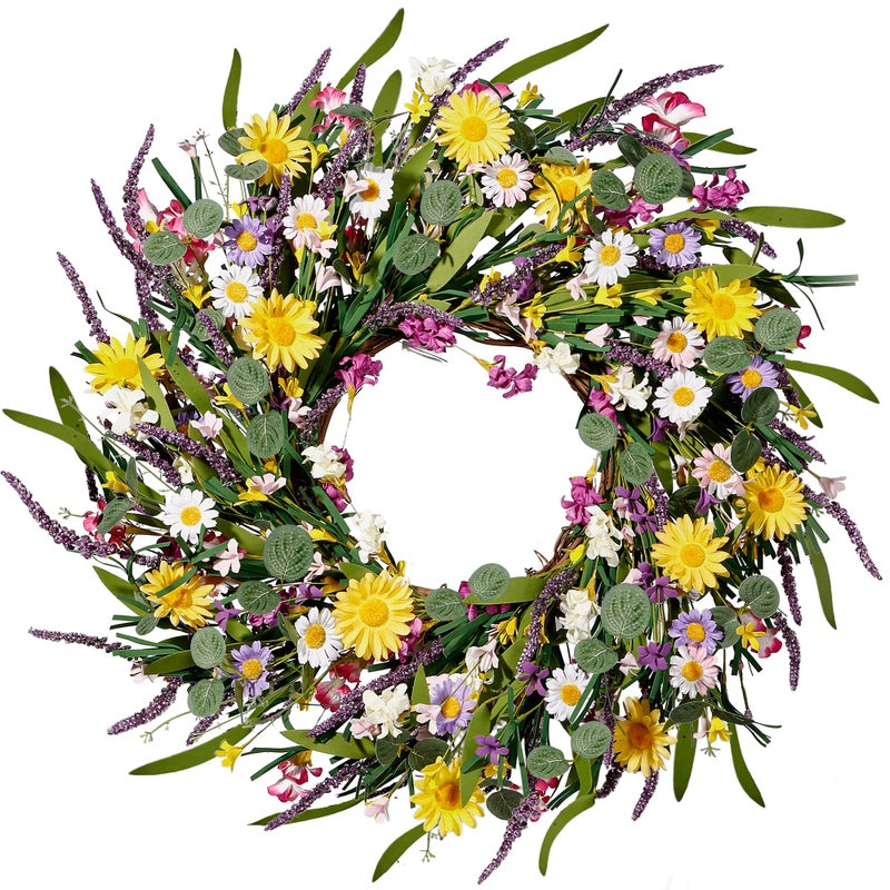 Sggvecsy Daisy and Lavender Wreath 22 Wildflower Spring Summer Artificial Silk Wreath for Front Door Home Wall Wedding Festival Farmhouse Holiday Decor