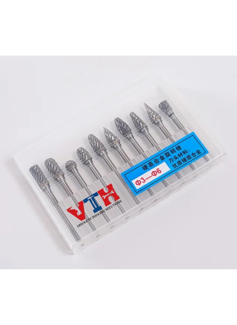 VTH WITH TAGLINE ABSOLUTE TOOLING SOLUTIONS - 10 pcs Tungsten Carbide Rotary Burr Set 3mm Shank and 6 mm - Image 1