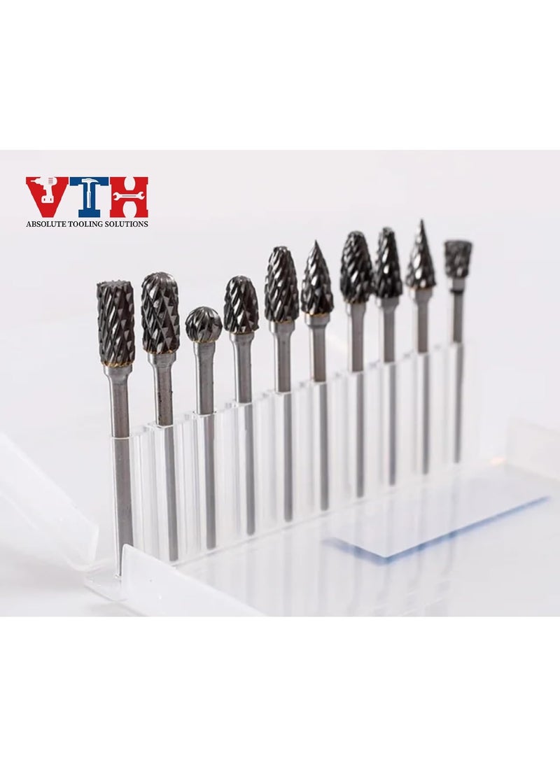 VTH WITH TAGLINE ABSOLUTE TOOLING SOLUTIONS - 10 pcs Tungsten Carbide Rotary Burr Set 3mm Shank and 6 mm - Image 1