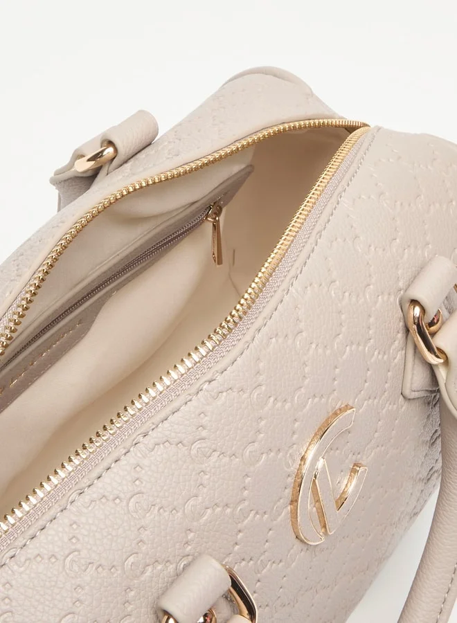 لو كونفورت Monogram Embossed Bowler Bag with Zip Closure and Detachable Strap
