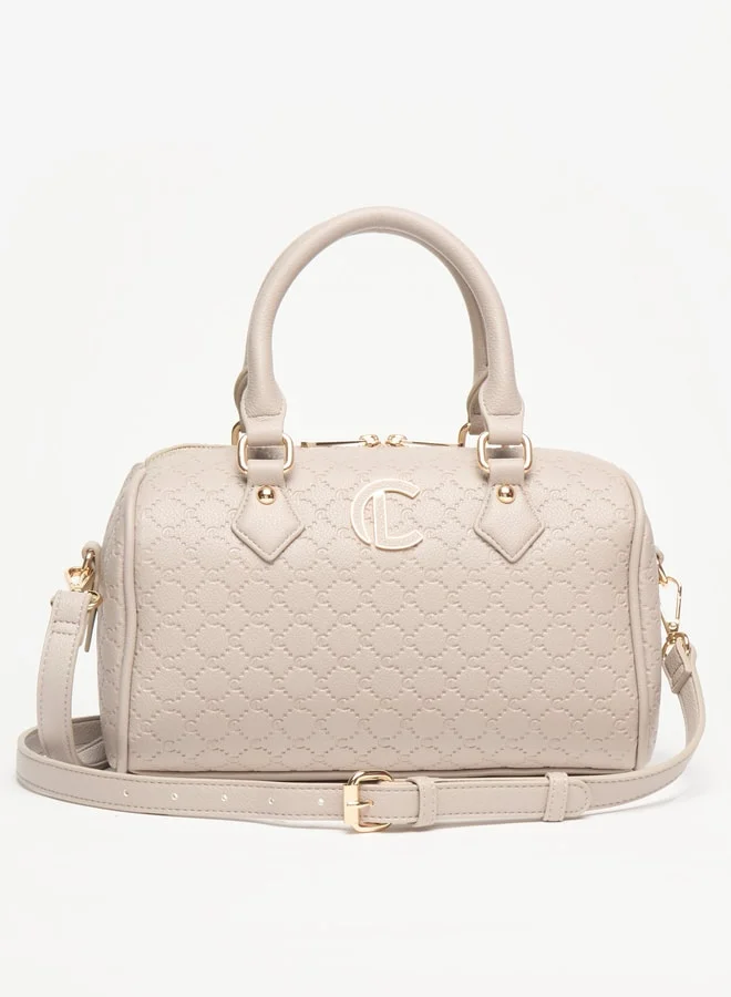 لو كونفورت Monogram Embossed Bowler Bag with Zip Closure and Detachable Strap
