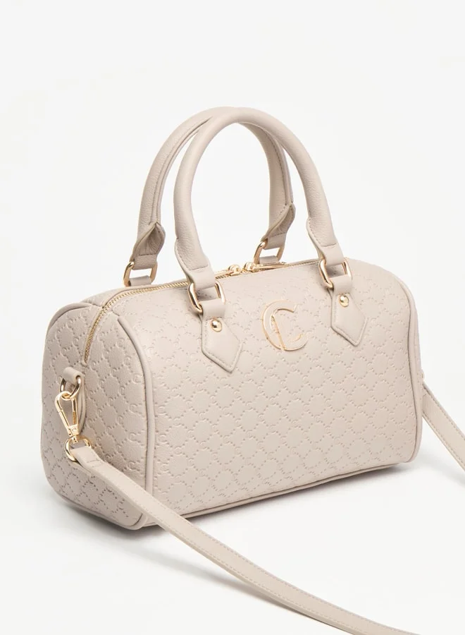 لو كونفورت Monogram Embossed Bowler Bag with Zip Closure and Detachable Strap