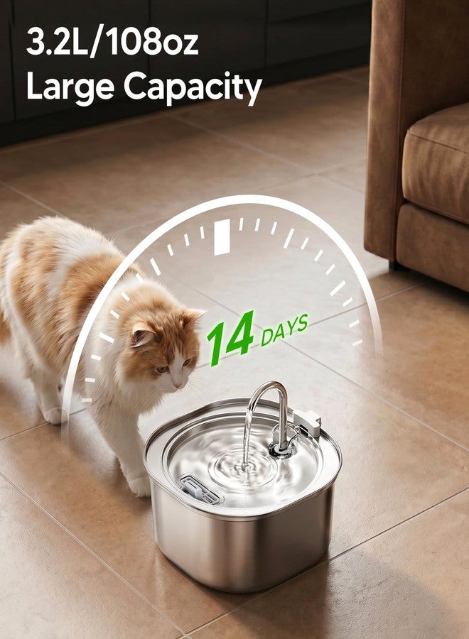 PEKTACO Cat Water Fountain, 3.2L/108oz Stainless Steel Pet Water Fountain for Cats Indoor, Dog Drinking Dispenser Metal Kitty Spout with 3 Filters+ 3 Sponges - Image 3