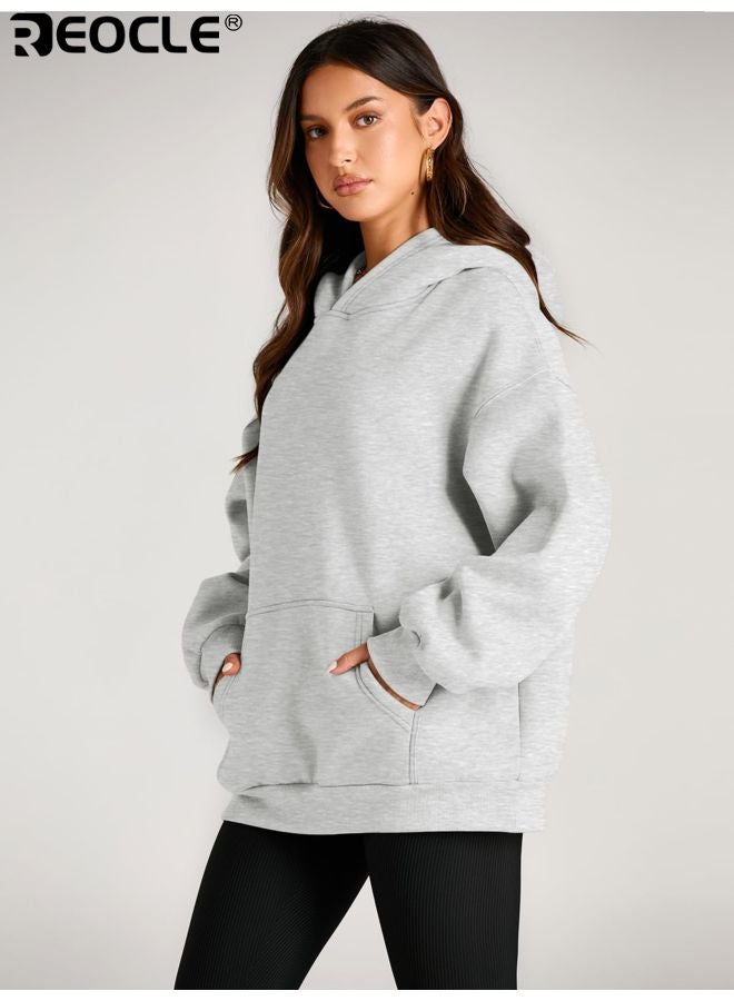 REOCLE Women's Oversized Hoodie with Fleece Lining and Pullover Design Cozy Sweatshirt with Kangaroo Pocket for Fall Winter Fashion - Image 2