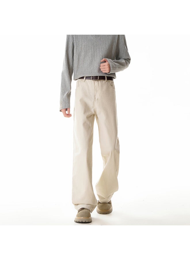 Homlean Solid Color Simple Denim Jeans Men Spring Cleanfit Pure Cotton Comfortable Straight Casual Pants Hlk90 Off-white 5XL - Image 1