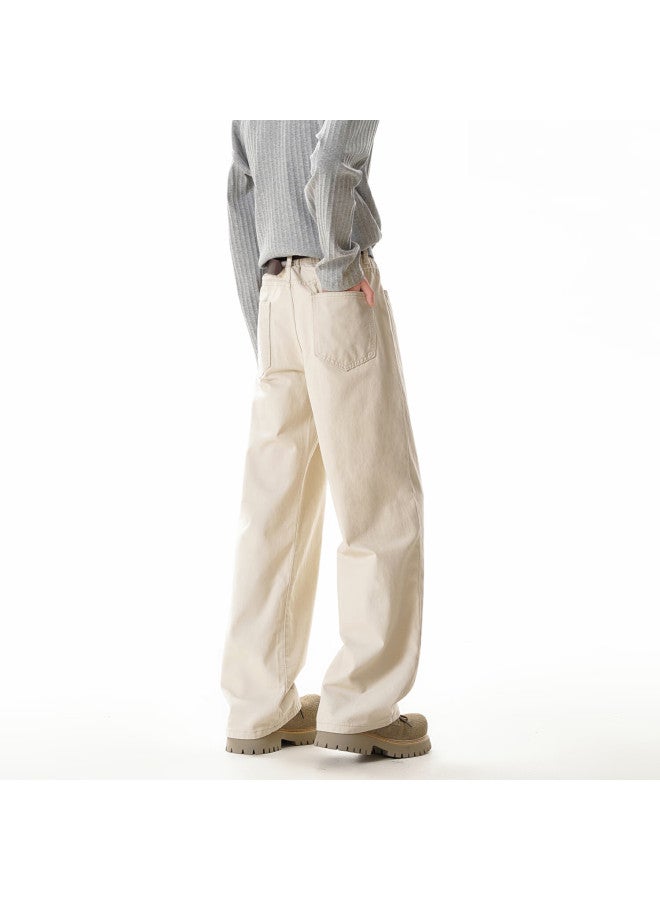 Homlean Solid Color Simple Denim Jeans Men Spring Cleanfit Pure Cotton Comfortable Straight Casual Pants Hlk90 Off-white 5XL - Image 2