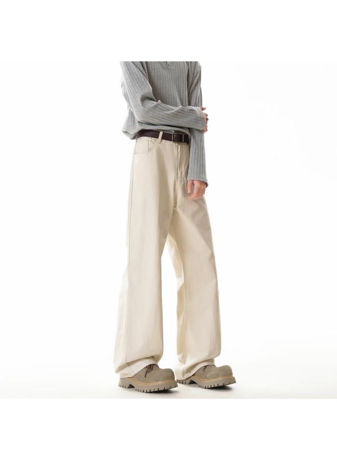 Homlean Solid Color Simple Denim Jeans Men Spring Cleanfit Pure Cotton Comfortable Straight Casual Pants Hlk90 Off-white 5XL - Image 3