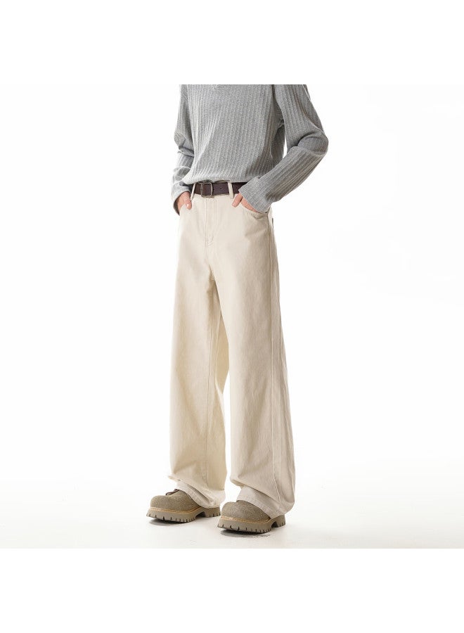 Homlean Solid Color Simple Denim Jeans Men Spring Cleanfit Pure Cotton Comfortable Straight Casual Pants Hlk90 Off-white 5XL - Image 5
