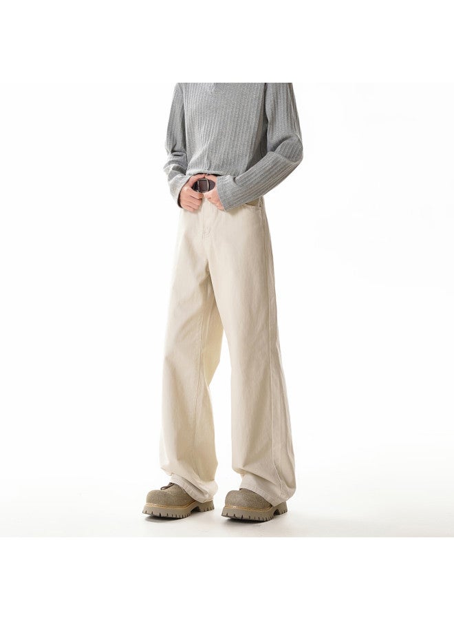 Homlean Solid Color Simple Denim Jeans Men Spring Cleanfit Pure Cotton Comfortable Straight Casual Pants Hlk90 Off-white 5XL - Image 4