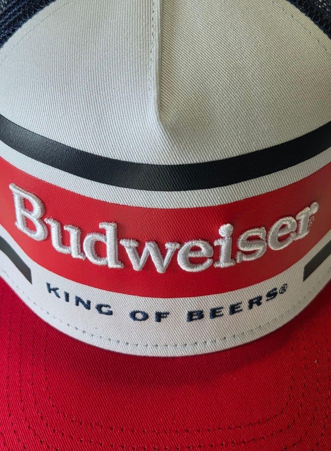 بادوايزر قبعة سائق شاحنة من Budweiser King of Beers، قبعة شبكية حمراء وزرقاء داكنة قابلة للتعديل، لوحة أمامية بيضاء - Image 2