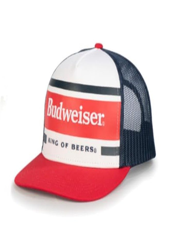 بادوايزر قبعة سائق شاحنة من Budweiser King of Beers، قبعة شبكية حمراء وزرقاء داكنة قابلة للتعديل، لوحة أمامية بيضاء - Image 1