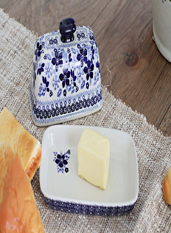 Blue Rose Pottery طبق زبدة عتيق من الخزف البولندي "بلو روز" - مزين بزهرة الأقحوان الزرقاء - يتسع لقطعة زبدة واحدة - طبق زبدة لتنظيم وتخزين الزبدة على سطح الطاولة - Image 2