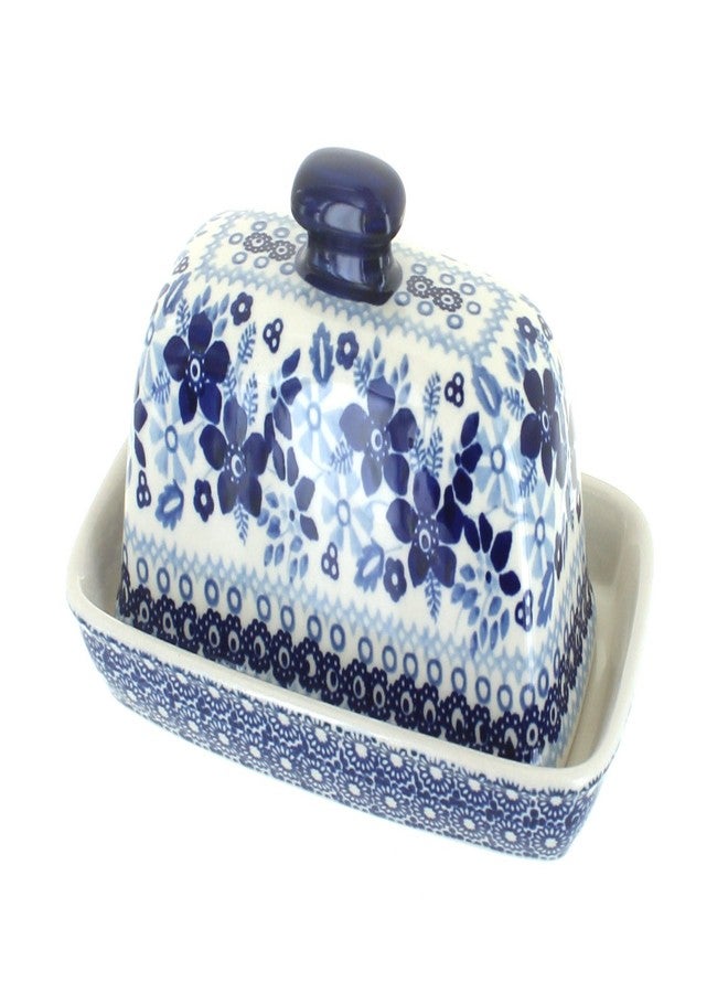 Blue Rose Pottery طبق زبدة عتيق من الخزف البولندي "بلو روز" - مزين بزهرة الأقحوان الزرقاء - يتسع لقطعة زبدة واحدة - طبق زبدة لتنظيم وتخزين الزبدة على سطح الطاولة - Image 1