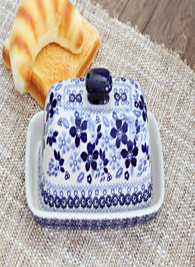 Blue Rose Pottery طبق زبدة عتيق من الخزف البولندي "بلو روز" - مزين بزهرة الأقحوان الزرقاء - يتسع لقطعة زبدة واحدة - طبق زبدة لتنظيم وتخزين الزبدة على سطح الطاولة - Image 3