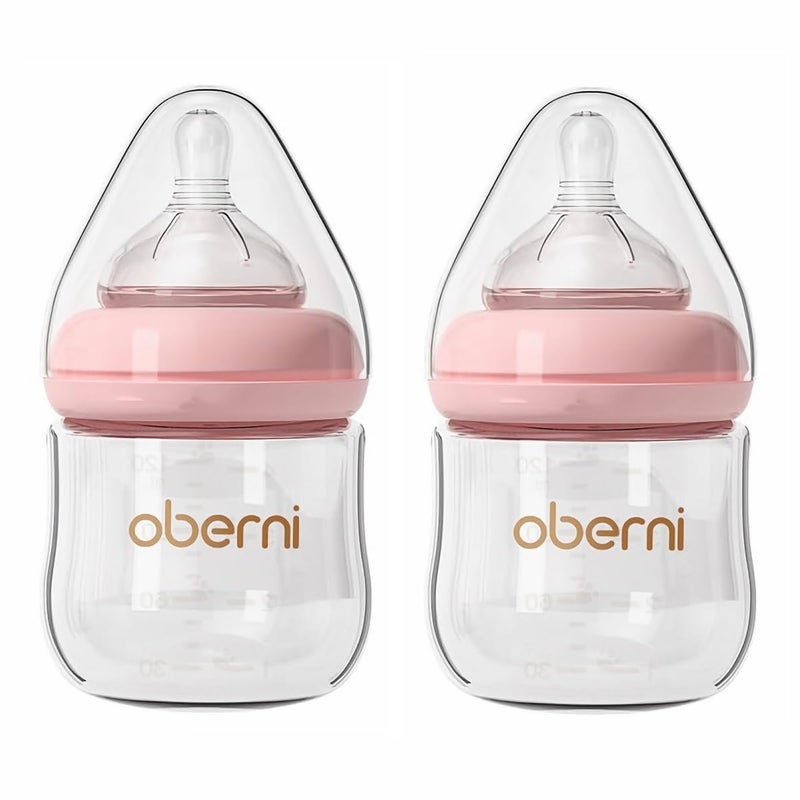 Oberni Glass Baby Bottles,Anti Colic Breastfeeding Bottle with Natural Response Nipple Size S,Wide Neck Slow Flow Baby Bottle for Baby,Newborn,Preemie 0-3 0-6 Month,BPA Free (Pink, 2 Pack, 4 Ounce) - Image 1