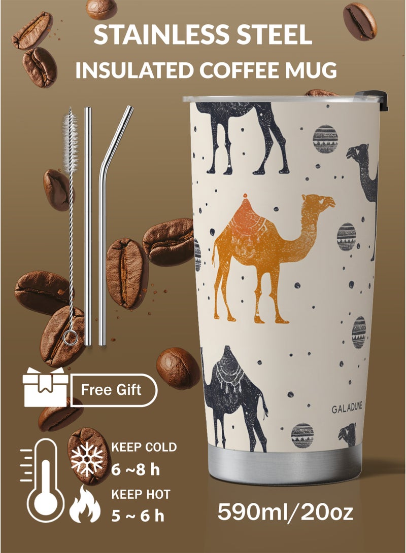 GALADUNE Travel Coffee Mug 20oz/590ml Stainless Steel Double-wall Vacuum Insulated Coffee Cup with Straw and Brush, Suitable for Iced & Hot Drinks, Light Brown Camel Planet Design, Ideal Gift - Image 2