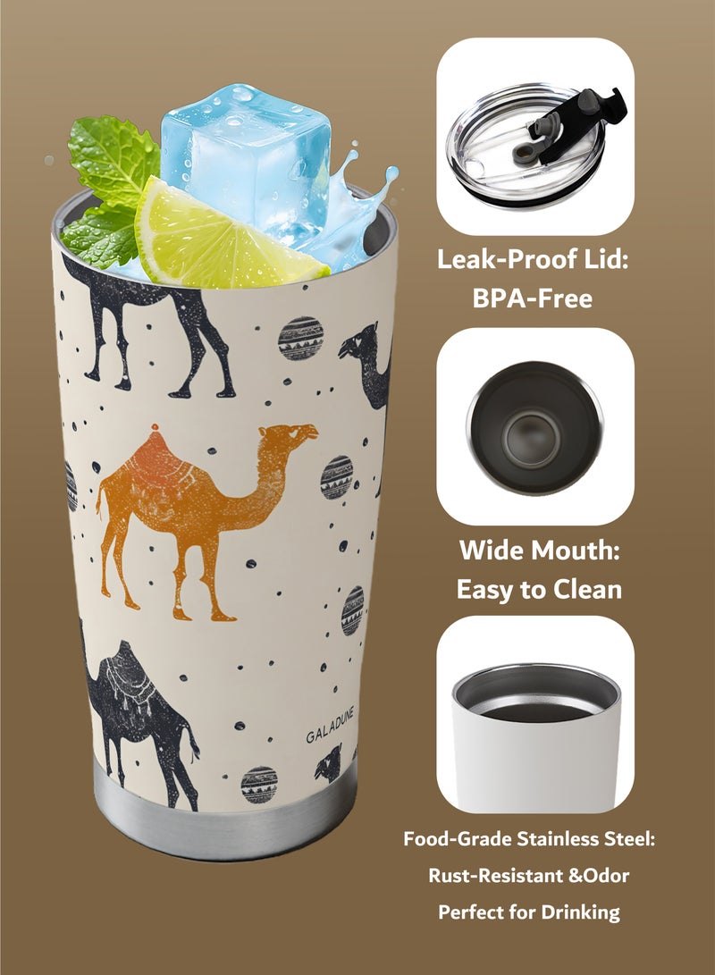 GALADUNE Travel Coffee Mug 20oz/590ml Stainless Steel Double-wall Vacuum Insulated Coffee Cup with Straw and Brush, Suitable for Iced & Hot Drinks, Light Brown Camel Planet Design, Ideal Gift - Image 5