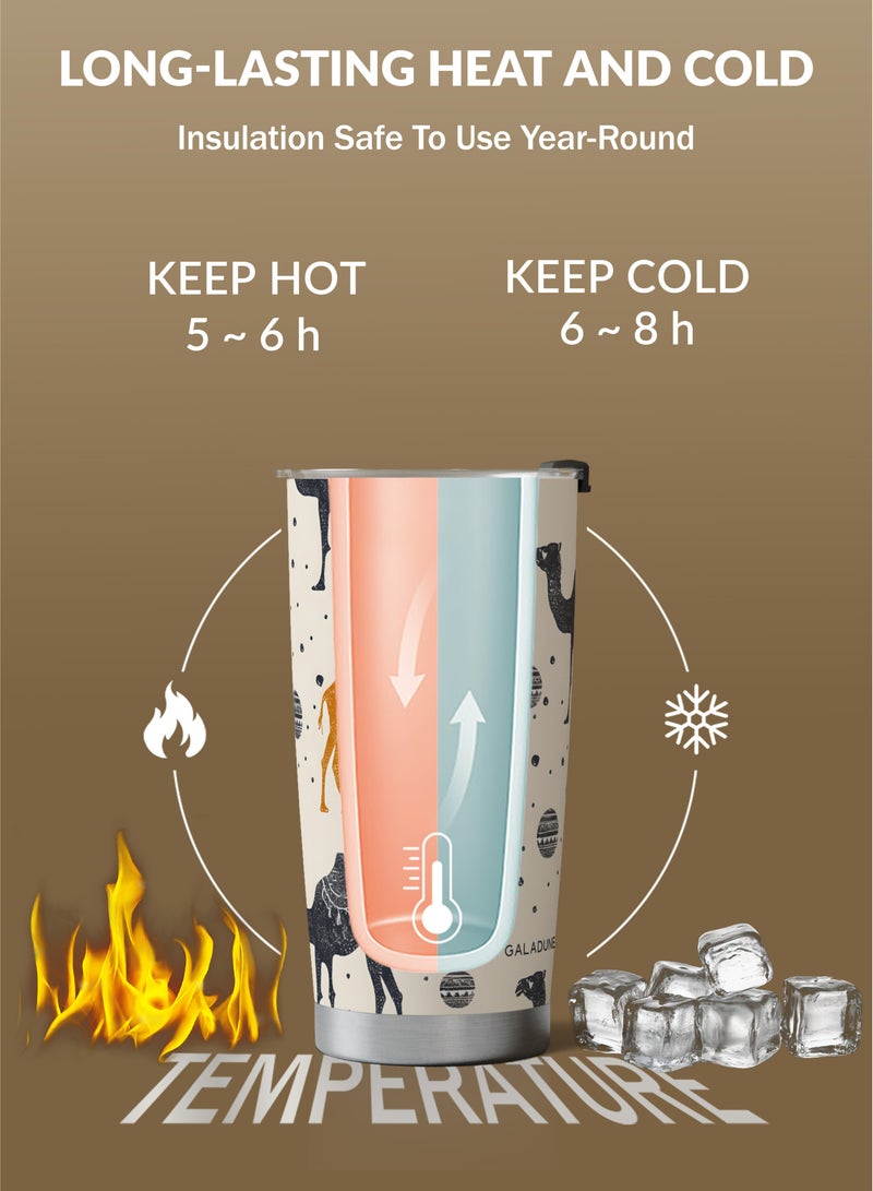 GALADUNE Travel Coffee Mug 20oz/590ml Stainless Steel Double-wall Vacuum Insulated Coffee Cup with Straw and Brush, Suitable for Iced & Hot Drinks, Light Brown Camel Planet Design, Ideal Gift - Image 3