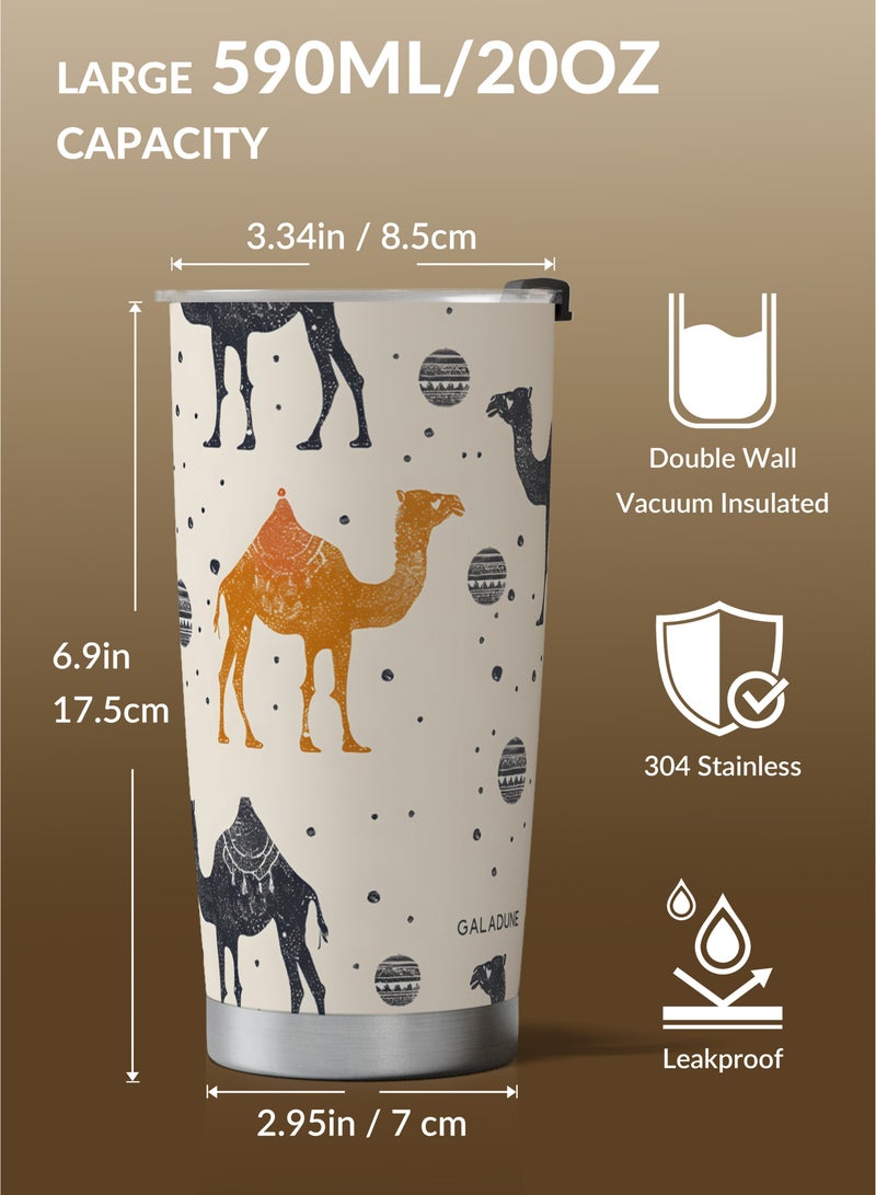 GALADUNE Travel Coffee Mug 20oz/590ml Stainless Steel Double-wall Vacuum Insulated Coffee Cup with Straw and Brush, Suitable for Iced & Hot Drinks, Light Brown Camel Planet Design, Ideal Gift - Image 4