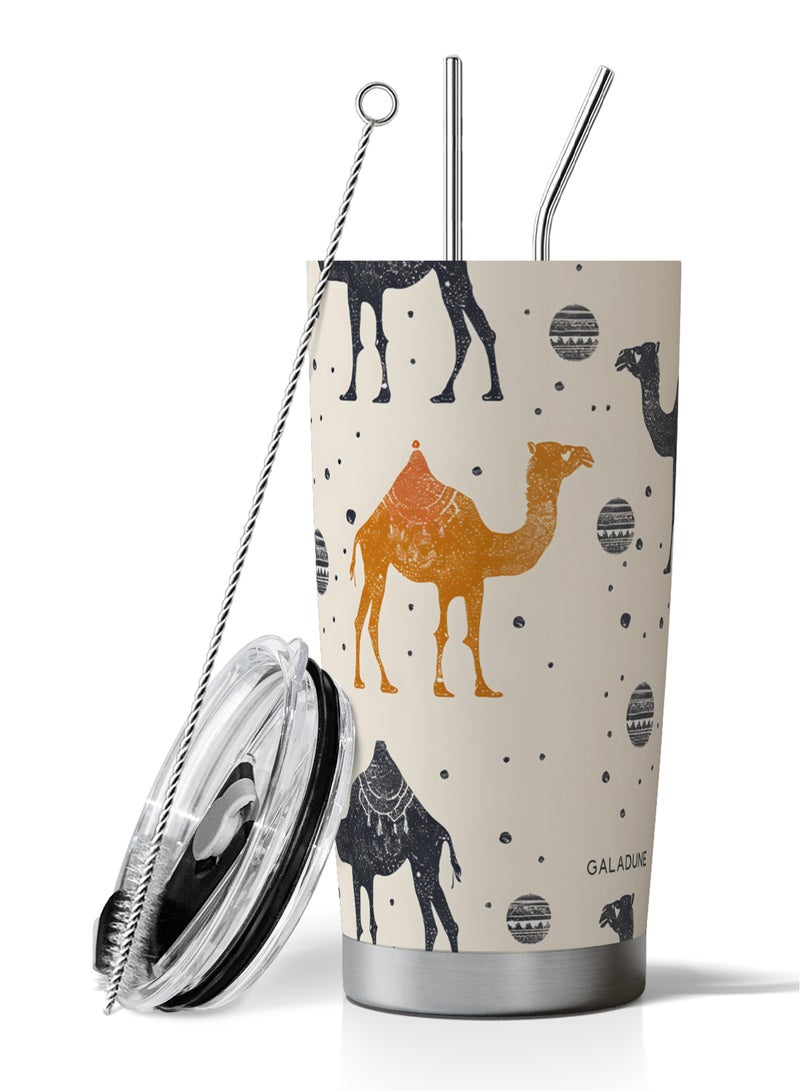 GALADUNE Travel Coffee Mug 20oz/590ml Stainless Steel Double-wall Vacuum Insulated Coffee Cup with Straw and Brush, Suitable for Iced & Hot Drinks, Light Brown Camel Planet Design, Ideal Gift - Image 1