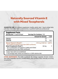 Naturalis Sunflower Vitamin E 670mg (1000 IU) with Mixed Tocopherols | Essential Skin Vitamin & Immune Support | Non-GMO, Soy & Gluten Free | 120 Softgels  - Image 1