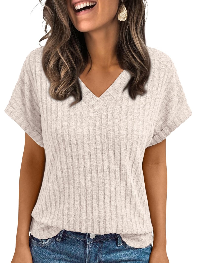 AUTOMET Womens Spring Tops 2026 Summer Dressy Casual Blouses Short Sleeve Cute V Neck Sweater Shirts Fashion Vacation Clothes Apricot L - Image 1