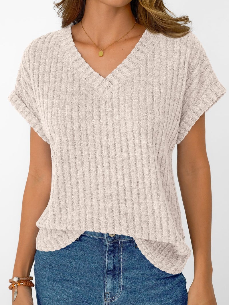 AUTOMET Womens Spring Tops 2026 Summer Dressy Casual Blouses Short Sleeve Cute V Neck Sweater Shirts Fashion Vacation Clothes Apricot L - Image 2