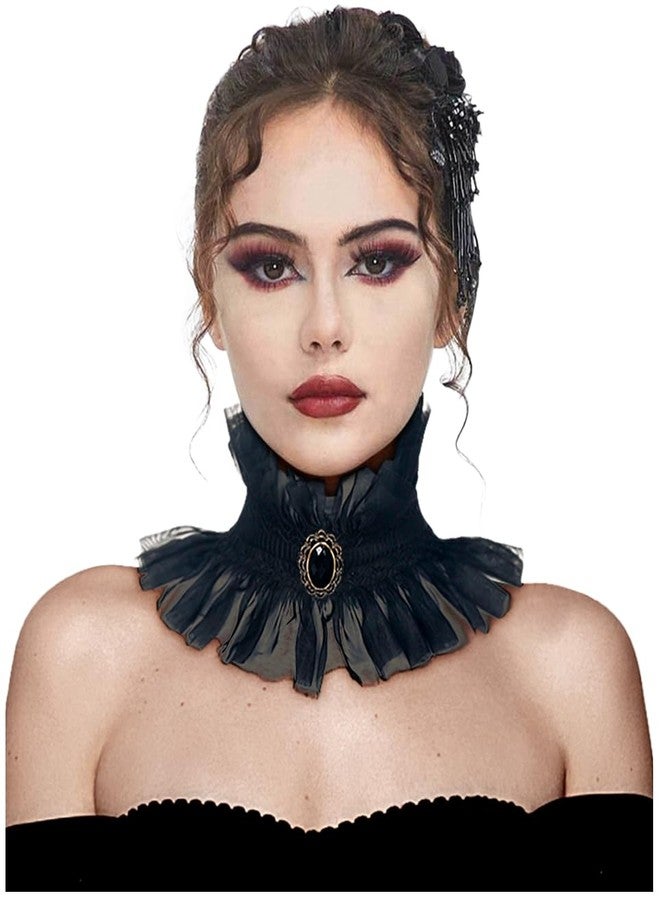 L'VOW Gothic Ruffle Collar Victorian Neck Costume with Gem Renaissance Vampire Choker for Women, Black, One size - Image 2