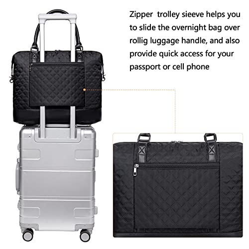 BLUBOON Women Ladies Weekender Carry-on Tote Bag Overnight Duffel in Trolley Handle (Quilted black) - Image 4