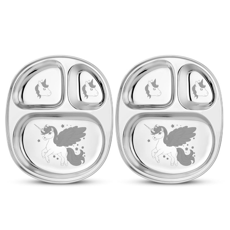 KITCHEN CLUE Stainless Steel Kids Dinner Plate With laser Design (UNICORN) Highly Durable & Food-Safe - 304 Grade SS Steel Compartment Plates/Lunch/Salad Plate (Set Of 2 Pcs, Dia - 25cm) - Image 1