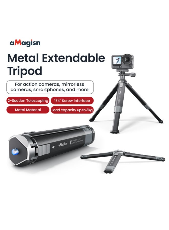 aMagisn Extendable Metal Tripod with 1/4" Mount for Action Camera, Mirrorless Camera & Smartphone, Adjustable Angle, Stable Stand - Image 2