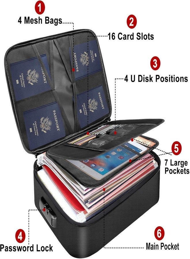 GRILAX Multipurpose Travel File Organiser Waterproof Document Storage Bag with Lock Important documents Organizer Bag Certificates Passport,Home,Office Multilayer Document Organizer Bag (Black) - Image 3