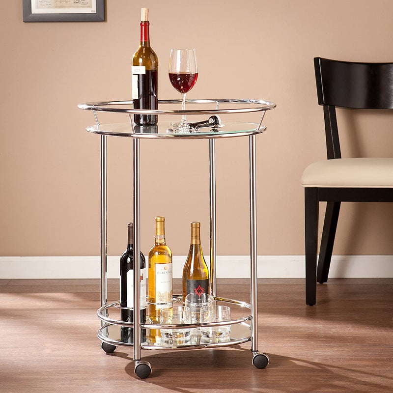 INDIAN DECOR 66501 Furniture Chrome Bar Cart 225 Round Rolling Cart Metallic Glam Style - Image 3