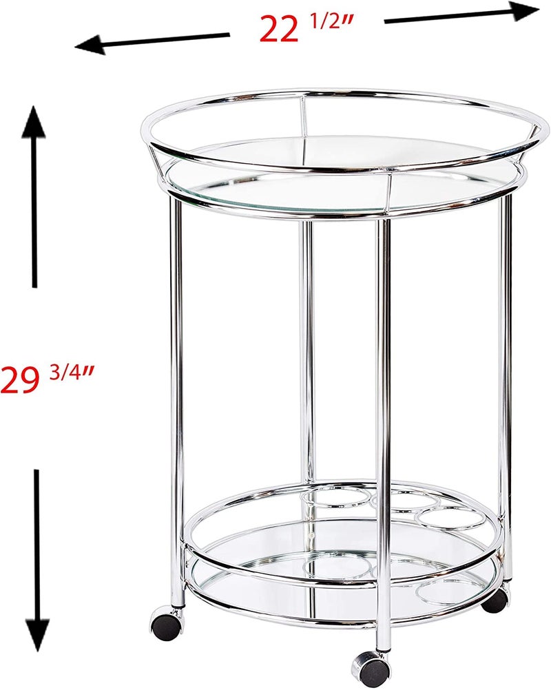 INDIAN DECOR 66501 Furniture Chrome Bar Cart 225 Round Rolling Cart Metallic Glam Style - Image 2