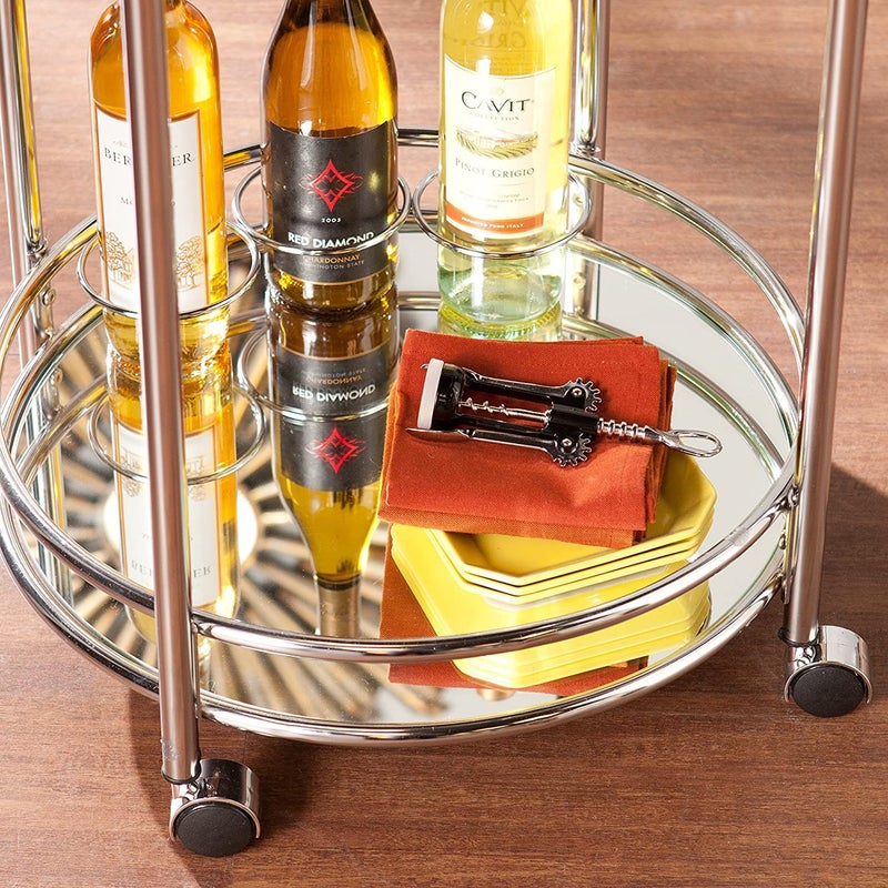 INDIAN DECOR 66501 Furniture Chrome Bar Cart 225 Round Rolling Cart Metallic Glam Style - Image 4