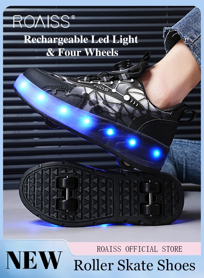 roaiss Kids' Light-Up, Non-slip Boa Rotary Buckle Lace-Up Roller Shoes Durable, Comfortable, Outdoor Sports Shoes for Students with Detachable Inline Skates Breathable Mesh Mini Four-Wheel Skates, Low-Top Sneakers Black - Image 1