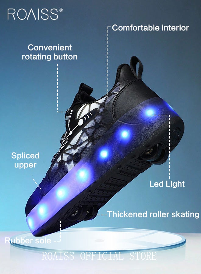 roaiss Kids' Light-Up, Non-slip Boa Rotary Buckle Lace-Up Roller Shoes Durable, Comfortable, Outdoor Sports Shoes for Students with Detachable Inline Skates Breathable Mesh Mini Four-Wheel Skates, Low-Top Sneakers Black - Image 3
