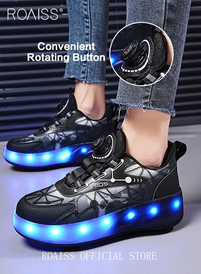 roaiss Kids' Light-Up, Non-slip Boa Rotary Buckle Lace-Up Roller Shoes Durable, Comfortable, Outdoor Sports Shoes for Students with Detachable Inline Skates Breathable Mesh Mini Four-Wheel Skates, Low-Top Sneakers Black - Image 2