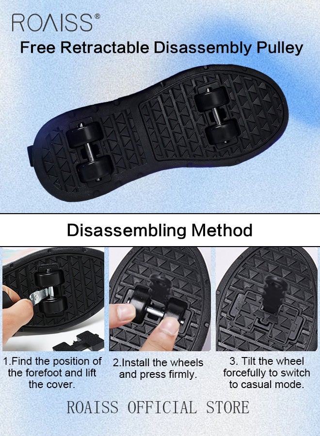 roaiss Kids' Light-Up, Non-slip Boa Rotary Buckle Lace-Up Roller Shoes Durable, Comfortable, Outdoor Sports Shoes for Students with Detachable Inline Skates Breathable Mesh Mini Four-Wheel Skates, Low-Top Sneakers Black - Image 5