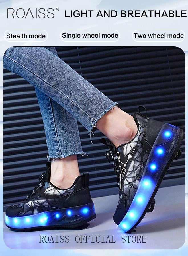 roaiss Kids' Light-Up, Non-slip Boa Rotary Buckle Lace-Up Roller Shoes Durable, Comfortable, Outdoor Sports Shoes for Students with Detachable Inline Skates Breathable Mesh Mini Four-Wheel Skates, Low-Top Sneakers Black - Image 4