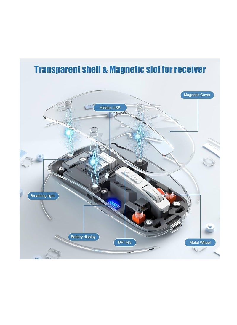 HEATZ Crystal Transparent Magnetic Wireless Mouse Wireless Bluetooth Mouse, Tri-Mode Bluetooth  Wireless USB C Rechargeable Computer Mouse, Full Transparent Portable Silent Mouse with USB Receiver for Laptop  - Image 2