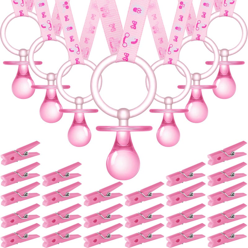 Tondiamo 48 Pieces Baby Pacifiers Party Favors with 24 Plastic Pacifiers and 24 Mini Clothes Pins Transparent Baby Showers Pacifiers Necklace Baby Girl Boy Pacifier Necklace for Party Favor(Pink) - Image 1