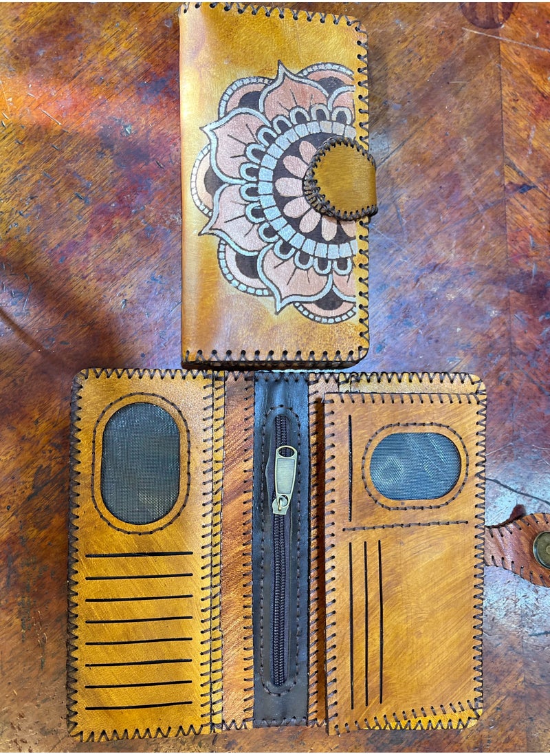 Generic - Handmade Women’s Leather Wallet – With fixed-color laser engraving for a vibrant and lasting artistic touch.  ✔️ 100% genuine leather ✔️ Color-fixed laser-engraved patterns – no fading or peeling ✔️ 7 card slots ✔️ 2 photo holders ✔️ 6 large compartments for phone or bills ✔️ 1 secure zip pocket ✔️ Magnetic flap closure 📏 Size: 9×20 cm ✔️ Luxurious velvet inner lining  🧵 Premium handmade craftsmanship 🎯 Functional, stylish, and long-lasting 🛡️ Includes warranty & reliable after-sale support  🎁 A perfect gift for women who appreciate elegance and uniqueness  #WomensWallet #LaserEngraved #ColorFixedDesign #HandmadeLeather #GenuineLeather #Fashion2025 #ElegantWallet #EgyptianCraftsmanship - Image 1